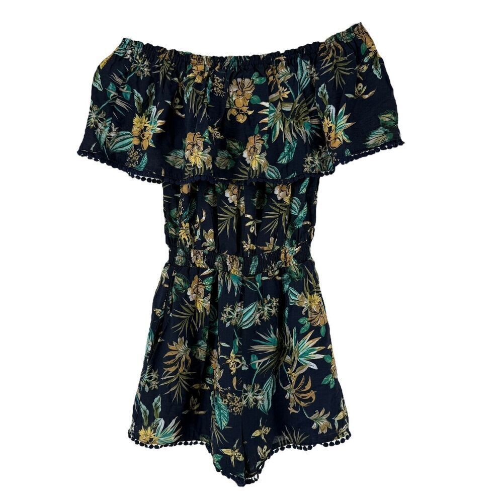 Plumberry Romper Off The Shoulder Ruffle Size L Blue Tropical Floral Beach Wear